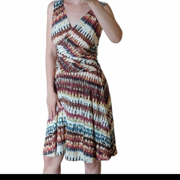 Lafayette 148 midi dress sleeveless feather stripe print V-neck Size Small - Picture 9 of 10